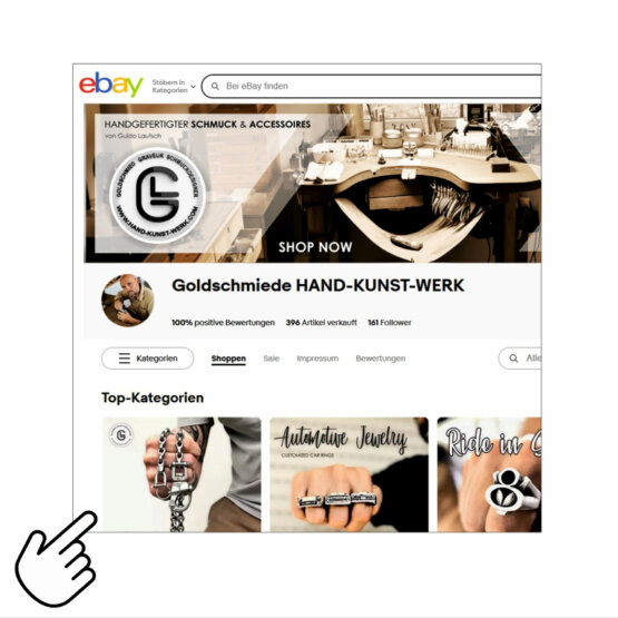 Screenshot meines eBay Shops Goldschmiede HAND-KUNST-WERK’: handgefertigte Schmuckstücke, massive Wallet Chains, Automotive Jewelry Ringe und individuelles Werkstatt-Branding. Jetzt im Shop ansehen und direkt kaufen