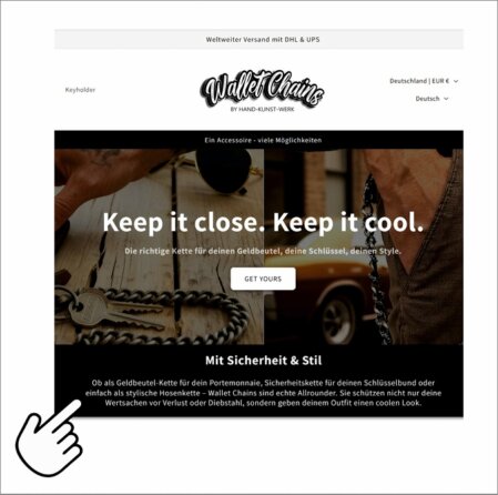 Screenshot of Wallet-Chains.com featuring handcrafted wallet chains and accessories