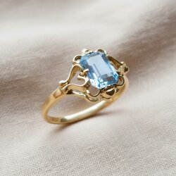 Delicate 14k yellow gold ring with a faceted light blue aquamarine in an ornamental prong setting