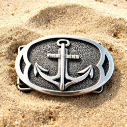 Oval handcrafted 925 sterling silver belt buckle with a raised anchor motif and dark textured background
