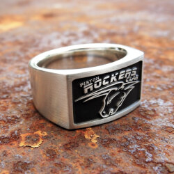 Solid sterling silver men’s ring with a square face and detailed black laser-engraved logo
