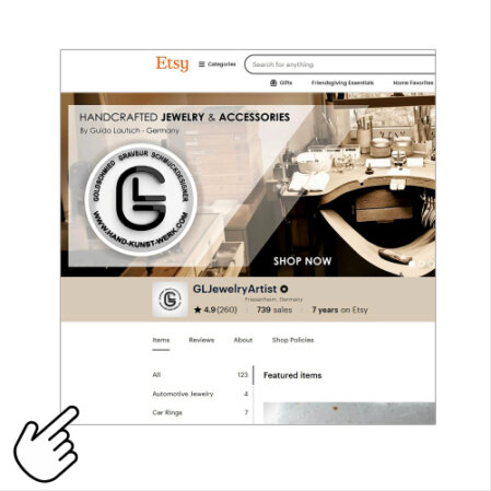 Screenshot meines Etsy Shops ‘GLJewelryArtist’: handgefertigter Schmuck, individuelle Ringe und Accessoires aus der Goldschmiede, bewertet mit 4.9 Sternen und über 700 Verkäufen. Jetzt Etsy Shop besuchen.