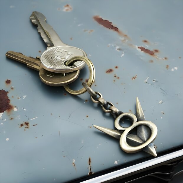 V8 Schlüsselanhänger – Messing, Vintage Style Handgefertigter V8-Schlüsselanhänger aus massivem Messing im Vintage-Look, am Schlüsselbund auf einer patinierten Motorhaube.