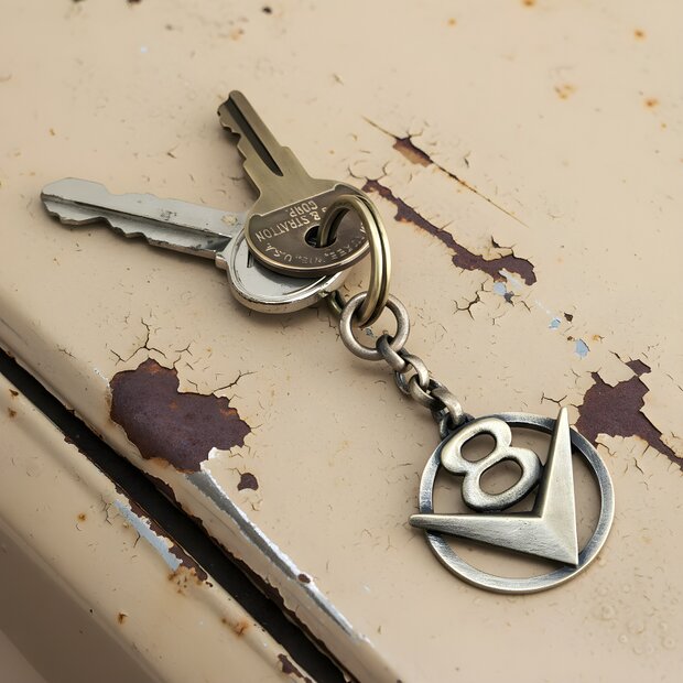 V8 Emblem Schlüsselanhänger – Messing, runde Fassung V8-Schlüsselanhänger aus massivem Messing im Retro Stil mit rundem Emblem am Schlüsselbund, fotografiert auf cremefarbener, alter Oldtimer-Motorhaube.