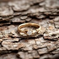 Handgefertigter Verlobungsring aus 585 Roségold mit organischer Holz-/Baumrindenstruktur und mittig gefasstem Brillanten; naturverbundenes Design, auf Baumrinde fotografiert.